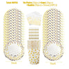 A set of 80 disposable party plates, cups, napkins, and straws featuring an elegant white and gold polka dot design.