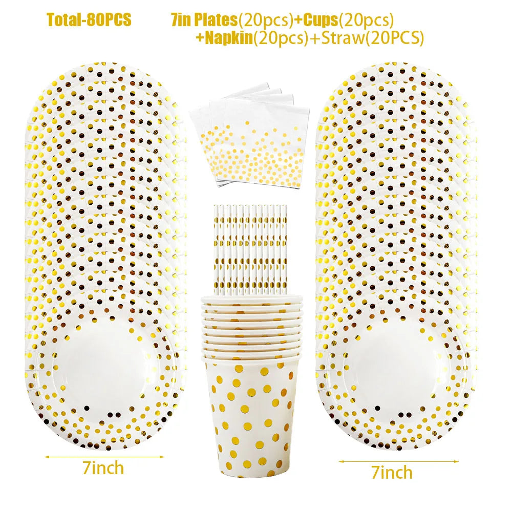 A set of 80 disposable party plates, cups, napkins, and straws featuring an elegant white and gold polka dot design.