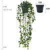 A long, cascading artificial plant wall decor featuring green foliage, displayed next to a potted version.