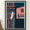A framed abstract art print featuring a dark teal background with vertical stripes and a silhouette of a person interacting w