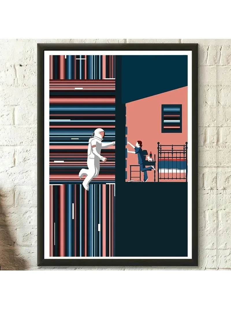 A framed abstract art print featuring a dark teal background with vertical stripes and a silhouette of a person interacting w
