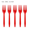 A set of 10 pieces of red fork cutlery for a paper party table.