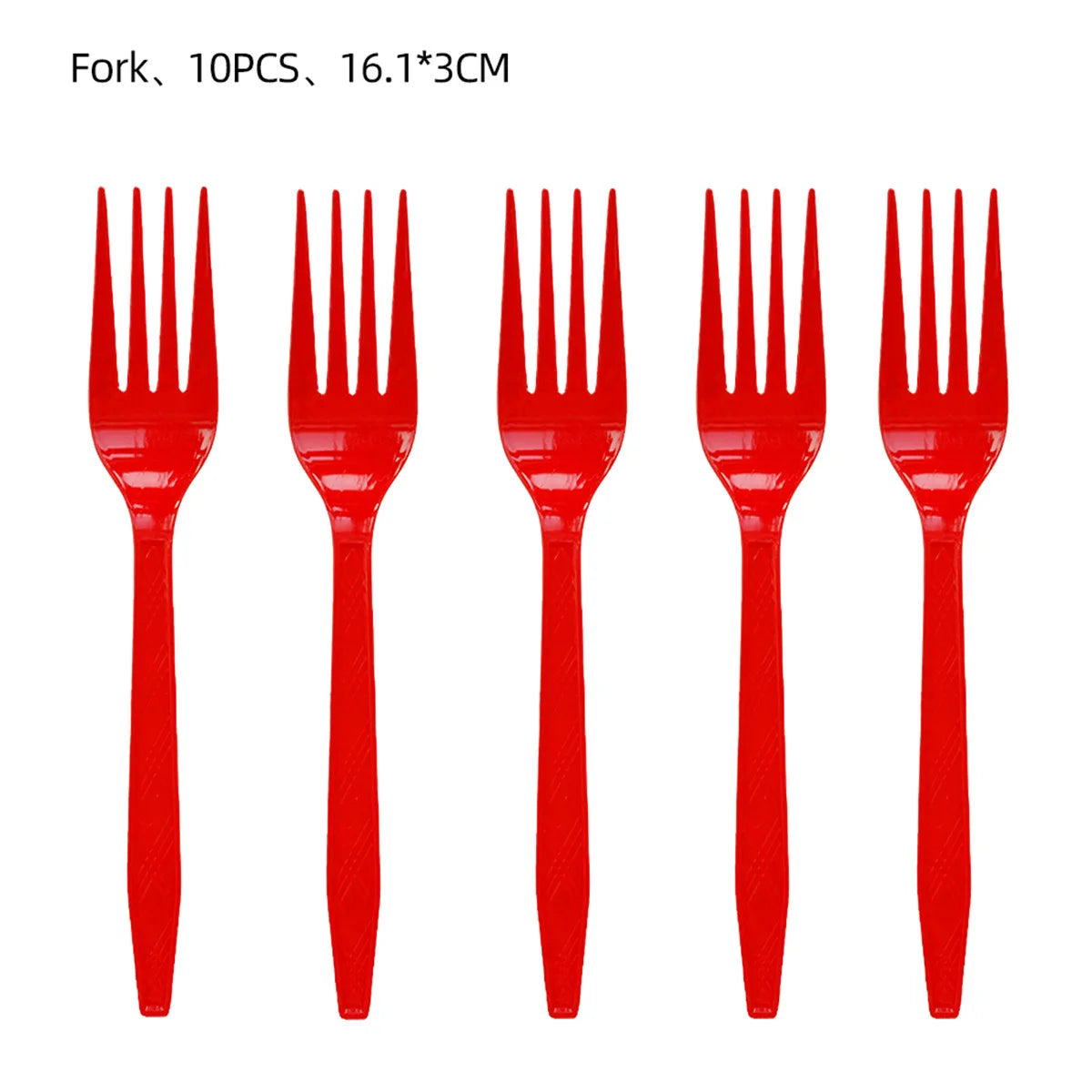 A set of 10 pieces of red fork cutlery for a paper party table.