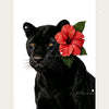 A black leopard head with a vibrant red hibiscus flower on its head.