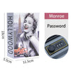 A pink and black book labeled Monroe Password is shown next to a round combination lock.