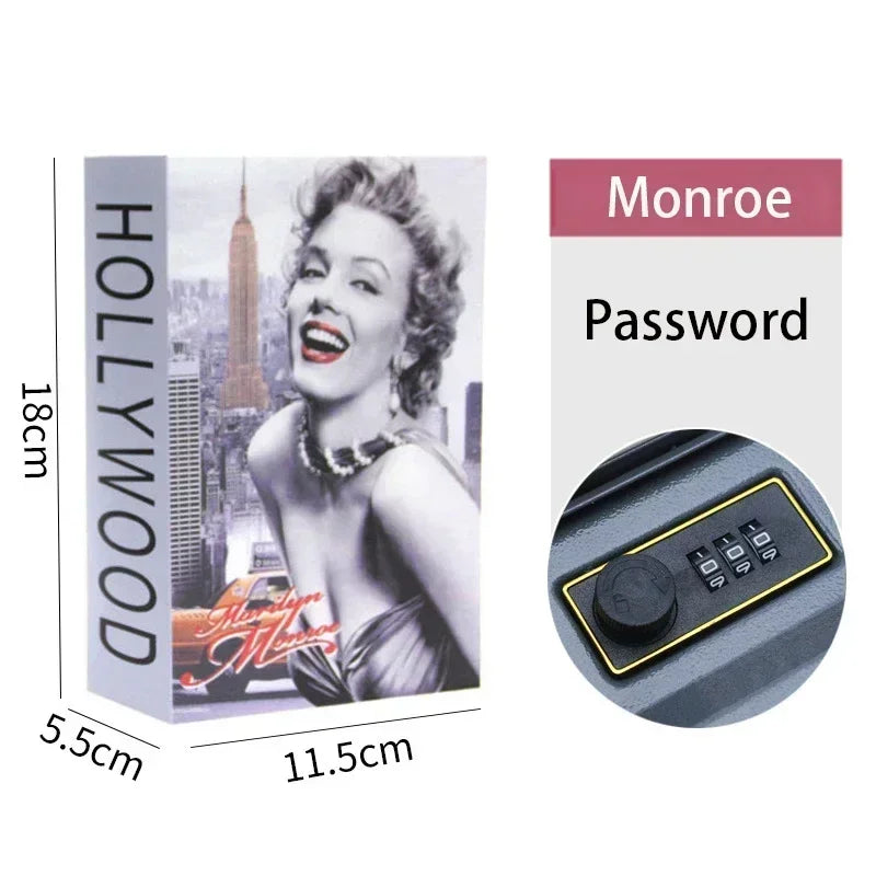 A pink and black book labeled Monroe Password is shown next to a round combination lock.