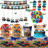 Monster truck birthday party decoration kit featuring a backdrop, vehicles, and tableware for a celebration.