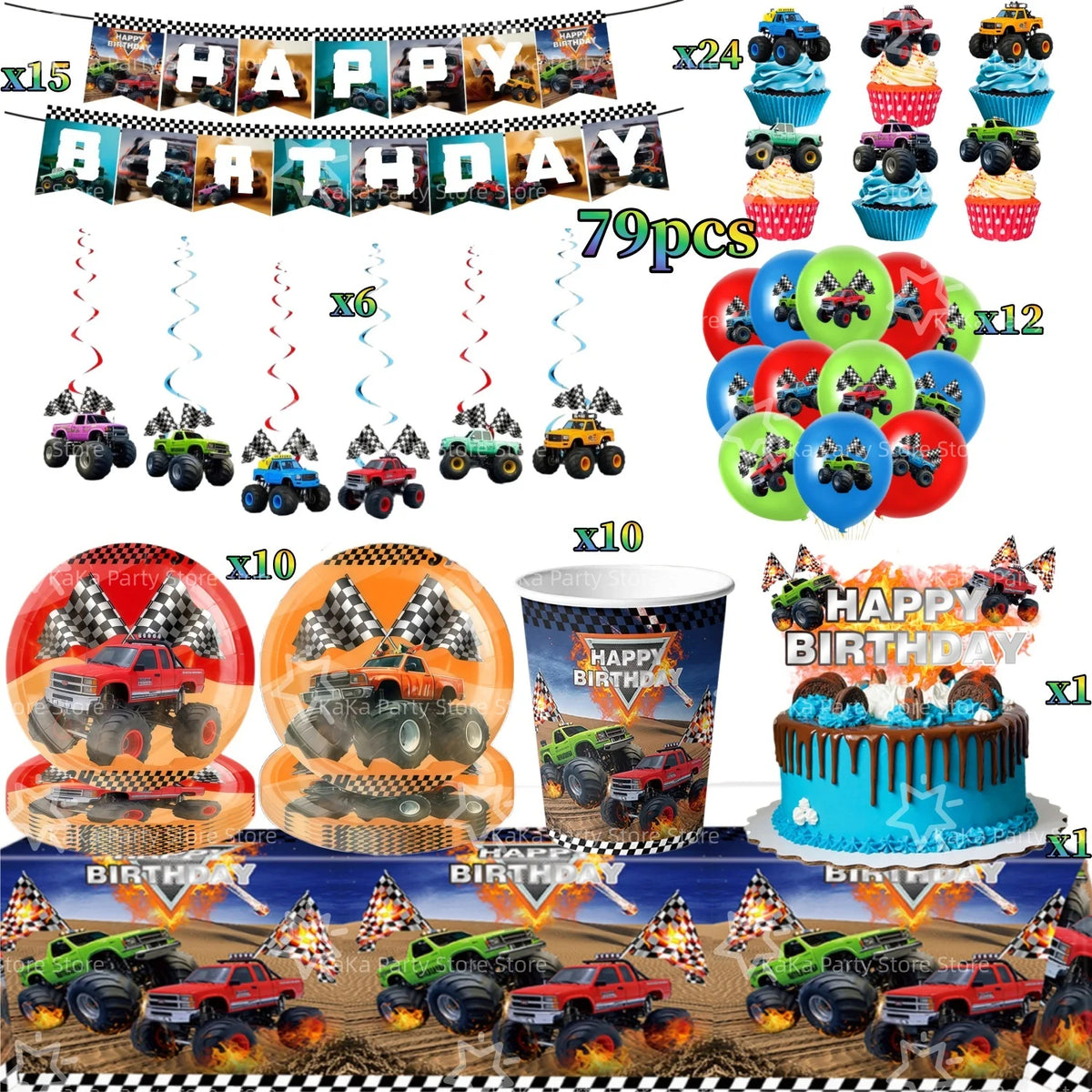 Monster truck birthday party decoration kit featuring a backdrop, vehicles, and tableware for a celebration.