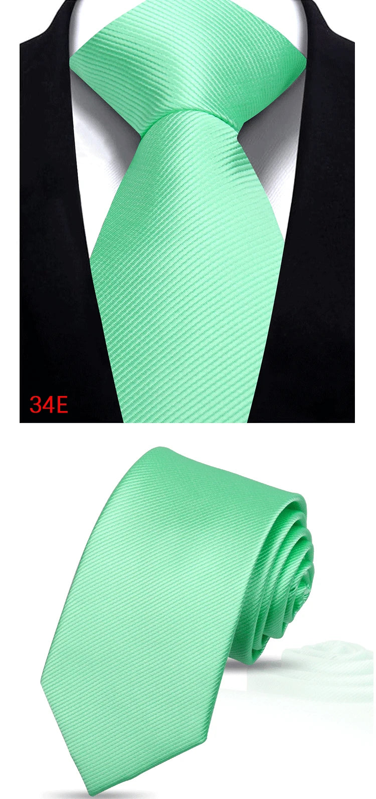 A bright mint green silk necktie tied in a four-in-hand knot against a black shirt collar.