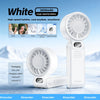 A white handheld fan is shown alongside its packaging and a lanyard, demonstrating its portability.