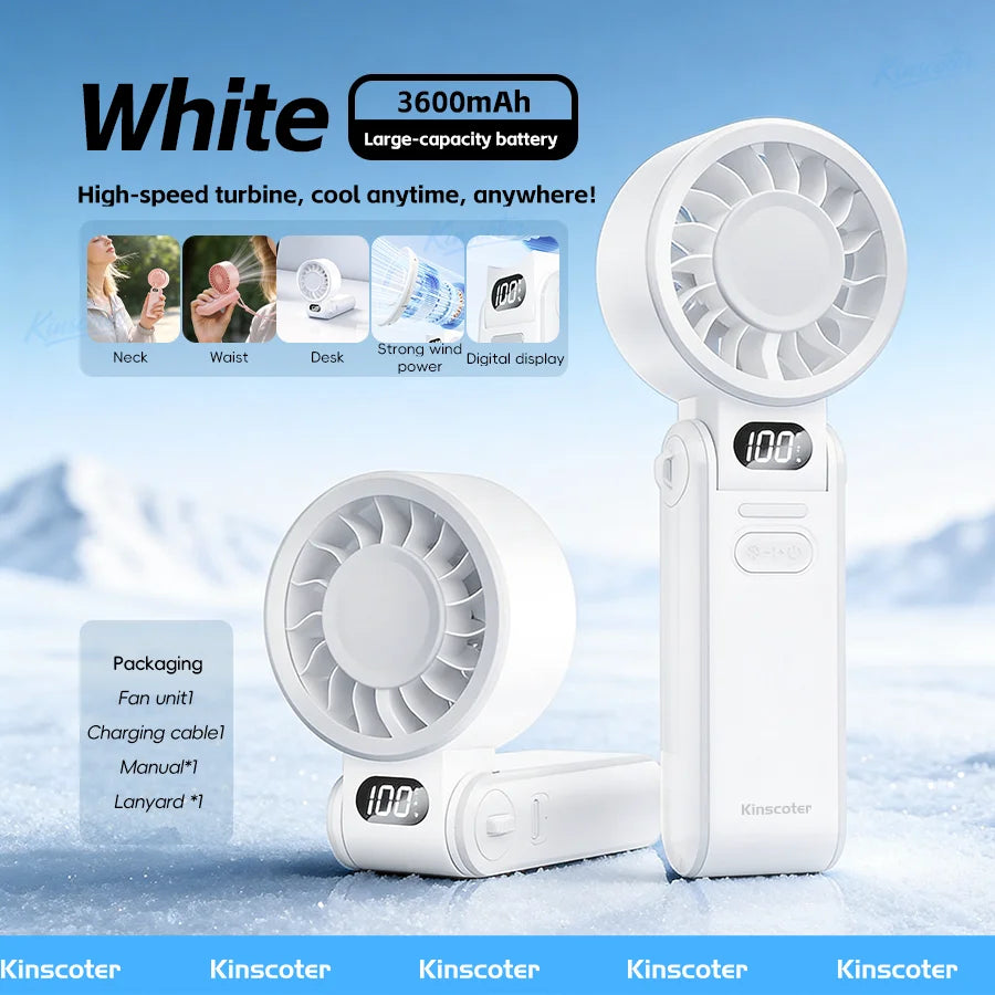 A white handheld fan is shown alongside its packaging and a lanyard, demonstrating its portability.