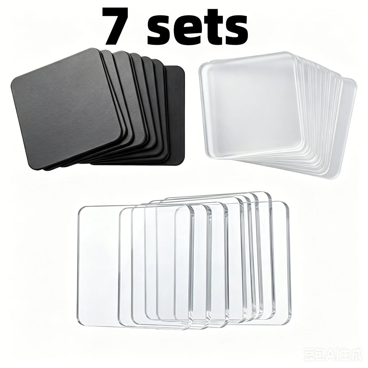 Seven sets of clear and black acrylic fridge magnets for crafting