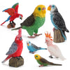 A collection of hand-painted resin parrot figurines in various colors and species.