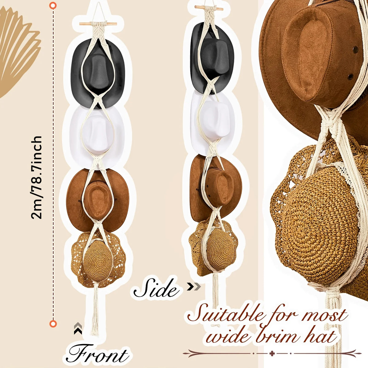 Macrame hat hanger showing a brown wide brim hat and a black hat mounted on a wall