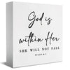 White rectangular ornament featuring the scripture God is within Her Psalm 46:5 in elegant script.