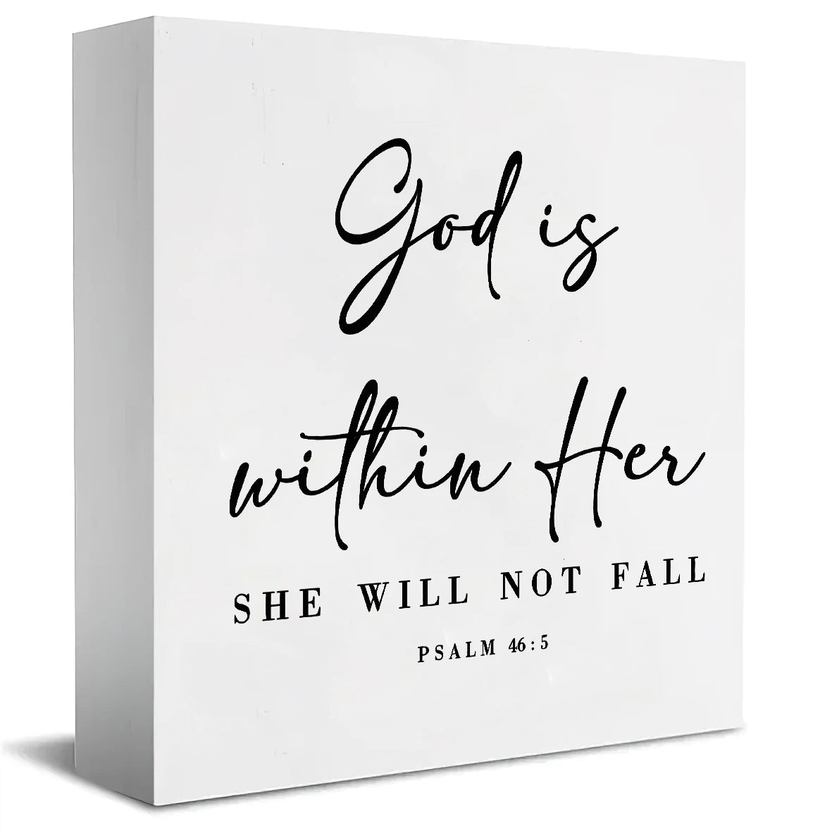 White rectangular ornament featuring the scripture God is within Her Psalm 46:5 in elegant script.