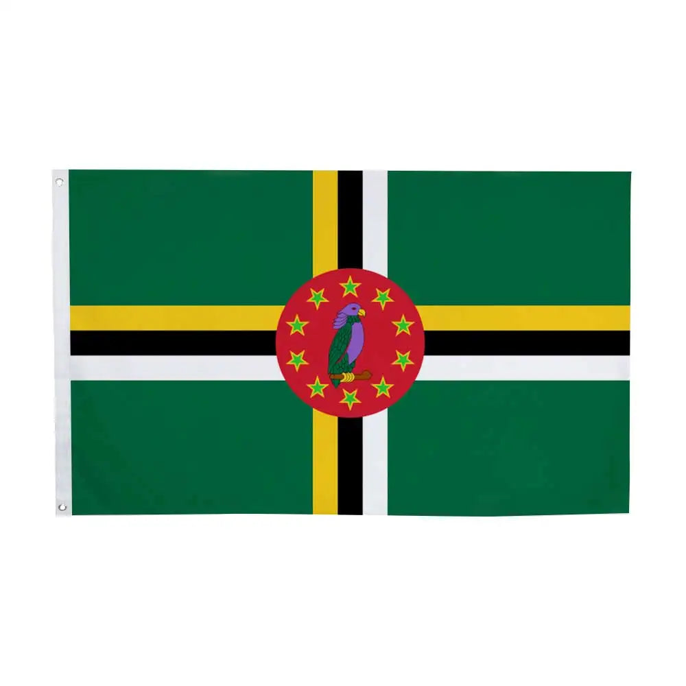 A green flag with a black cross and yellow borders featuring a circular emblem with a purple bird.