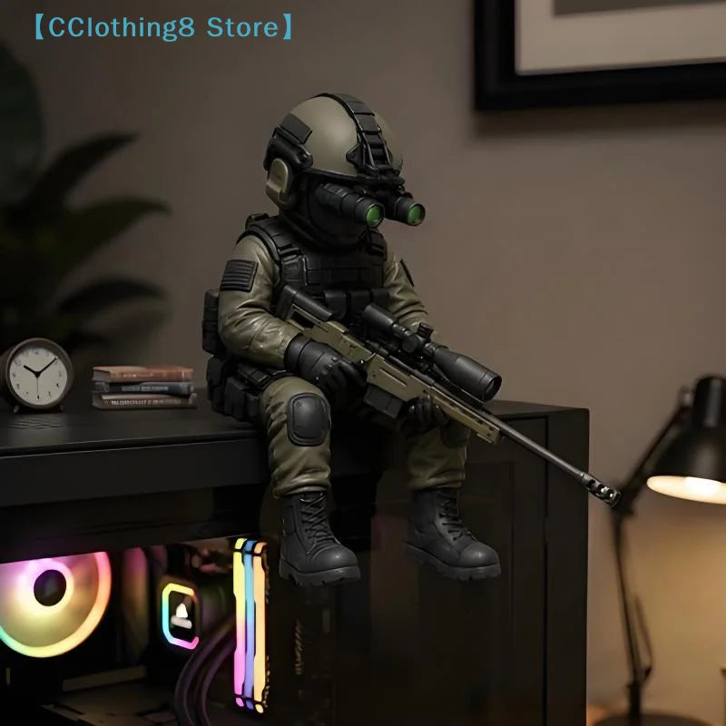 A dark green tactical sniper soldier figurine with a helmet and rifle is displayed on a shelf.