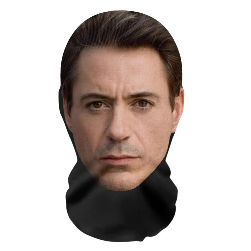 A realistic male face mask covering the lower half of a face, shown in a close-up view.
