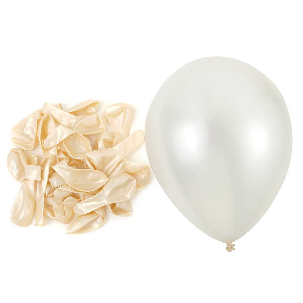 A set of pearl latex balloons is shown, including a large white balloon and numerous pale beige or ivory colored latex balloo