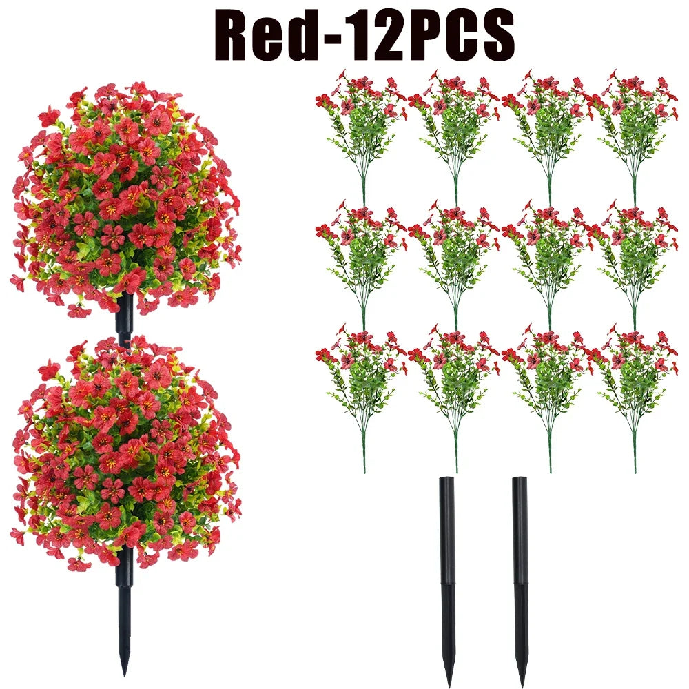 Red 12-piece set of artificial flowers for outdoor and indoor decoration