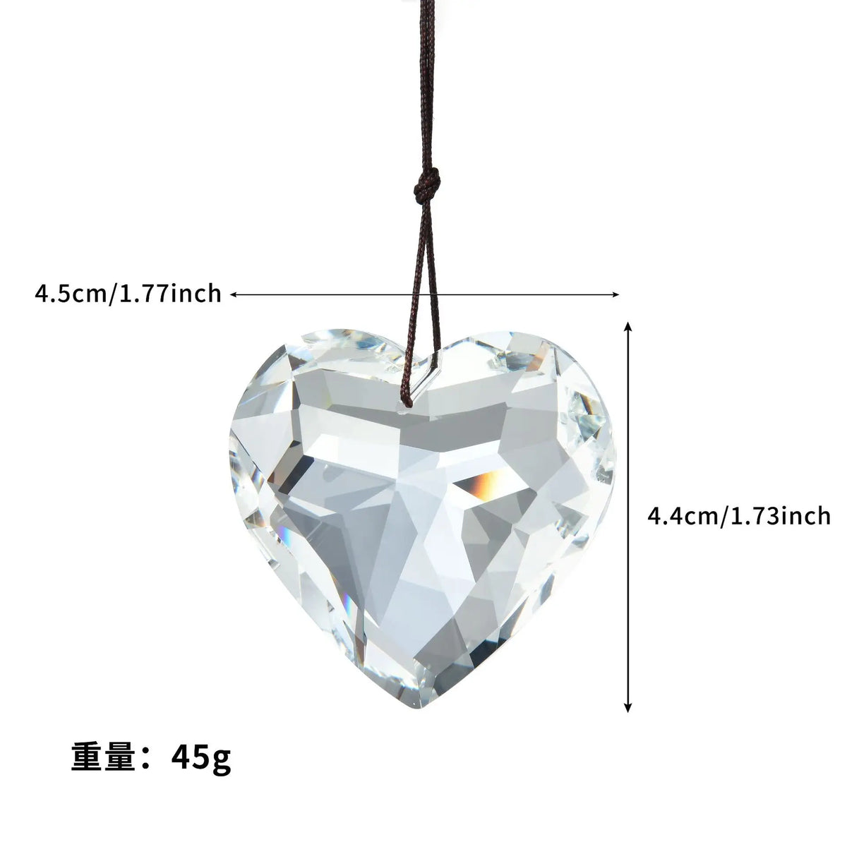 Clear crystal heart pendant with a dark brown cord, measuring 4.5cm in height and weighing 45g.