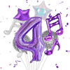 A set of purple musical number balloons, including the number 4 and treble clef, floating against a white background.