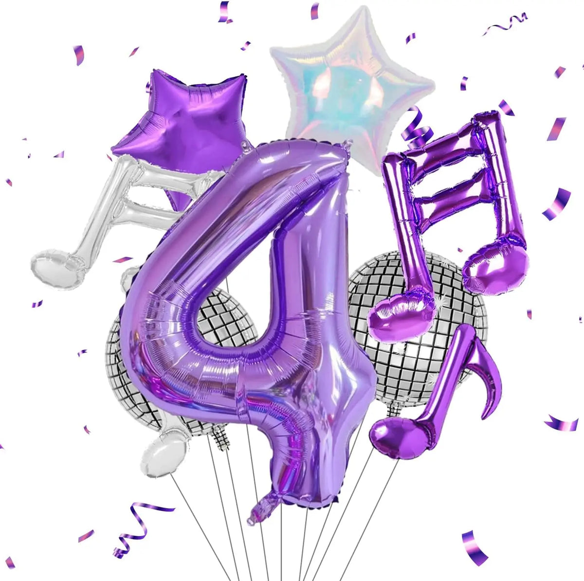 A set of purple musical number balloons, including the number 4 and treble clef, floating against a white background.