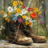 A still life painting of a bouquet of wildflowers in worn brown boots set against a rustic wooden background.