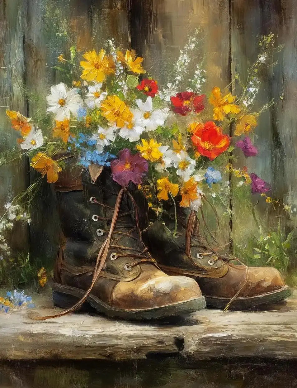 A still life painting of a bouquet of wildflowers in worn brown boots set against a rustic wooden background.