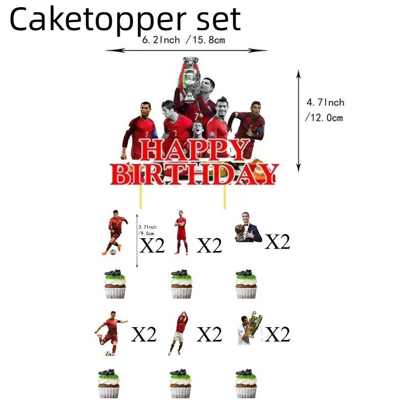 A set of soccer-themed birthday decorations featuring Cristiano Ronaldo figures and cake toppers.