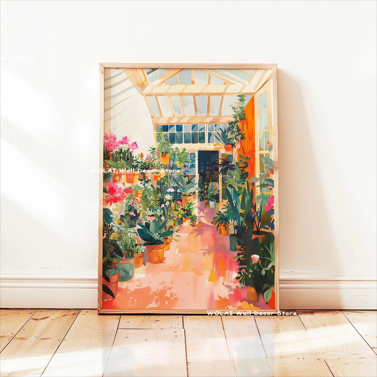 A vertical painting of a lush greenhouse interior filled with various green and pink plants under a glass roof.
