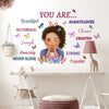 A wall decal featuring inspirational words like Beautiful Victorious Loved Chosen Created Strong and Capable surrounded by bu