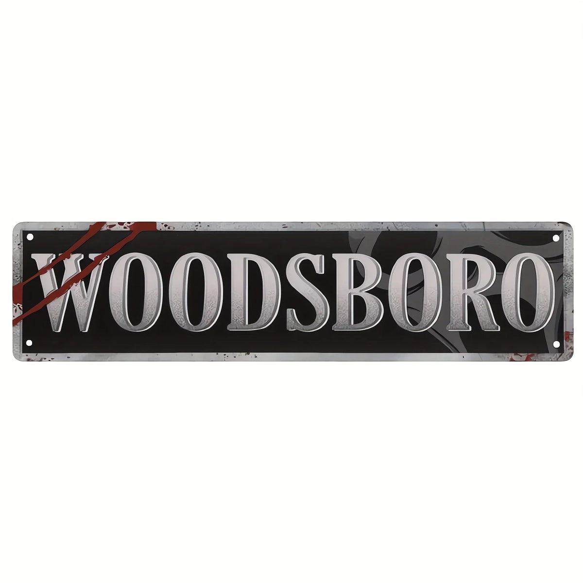 A rectangular metal wall sign with the name WOODSBORO engraved on it, featuring distressed black and silver finishes.
