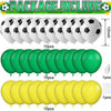 A collection of latex balloons includes 10 packs of black and white soccer balls and 10 packs of yellow soccer balls.