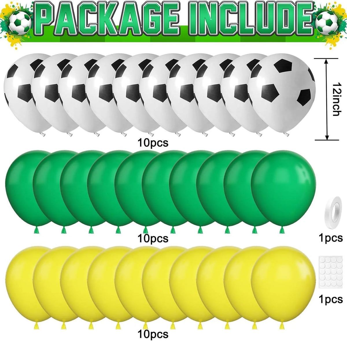 A collection of latex balloons includes 10 packs of black and white soccer balls and 10 packs of yellow soccer balls.