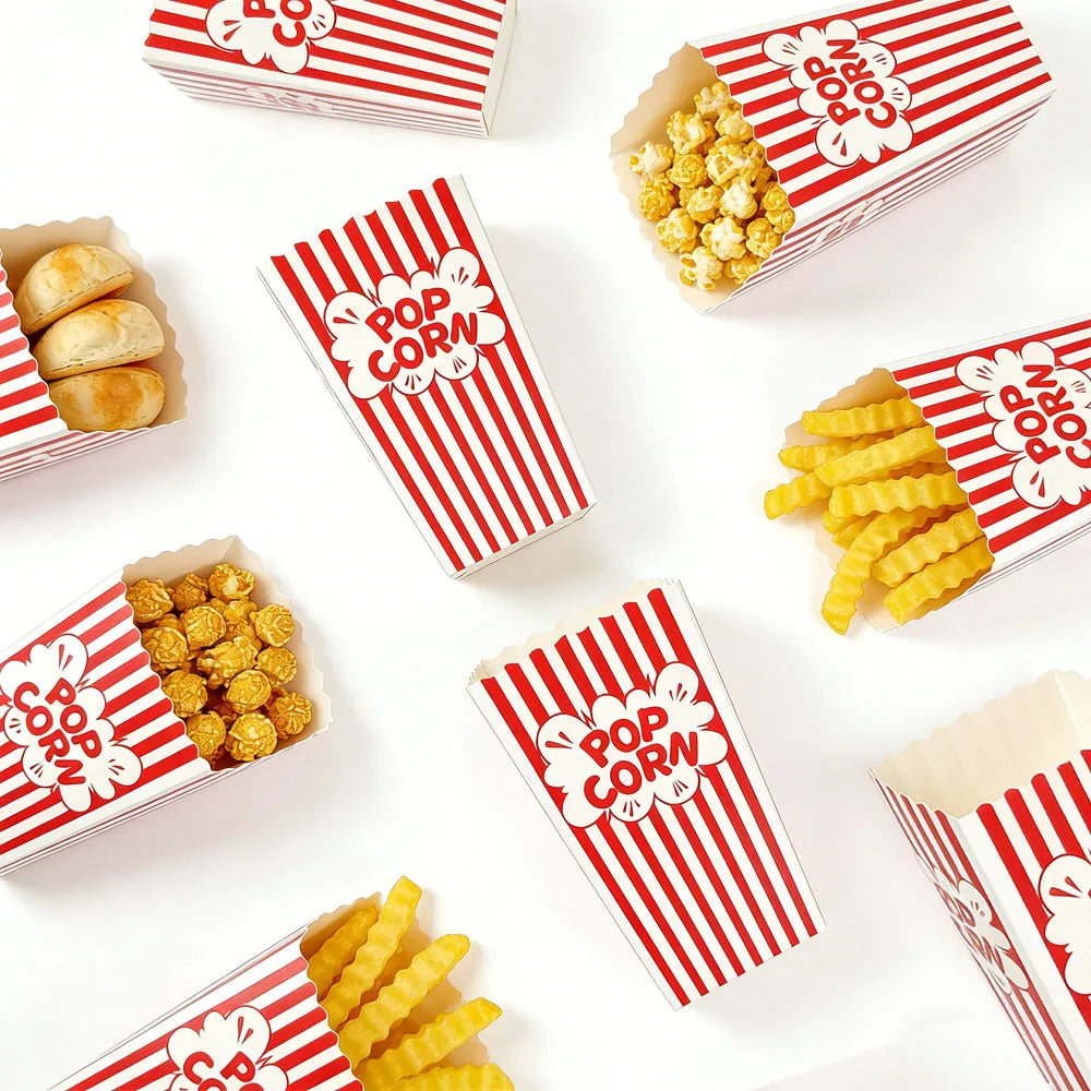Various red and white striped boxes filled with popcorn and snacks are arranged on a white surface.