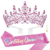 A pink rhinestone tiara crown and matching sash for a birthday queen celebration