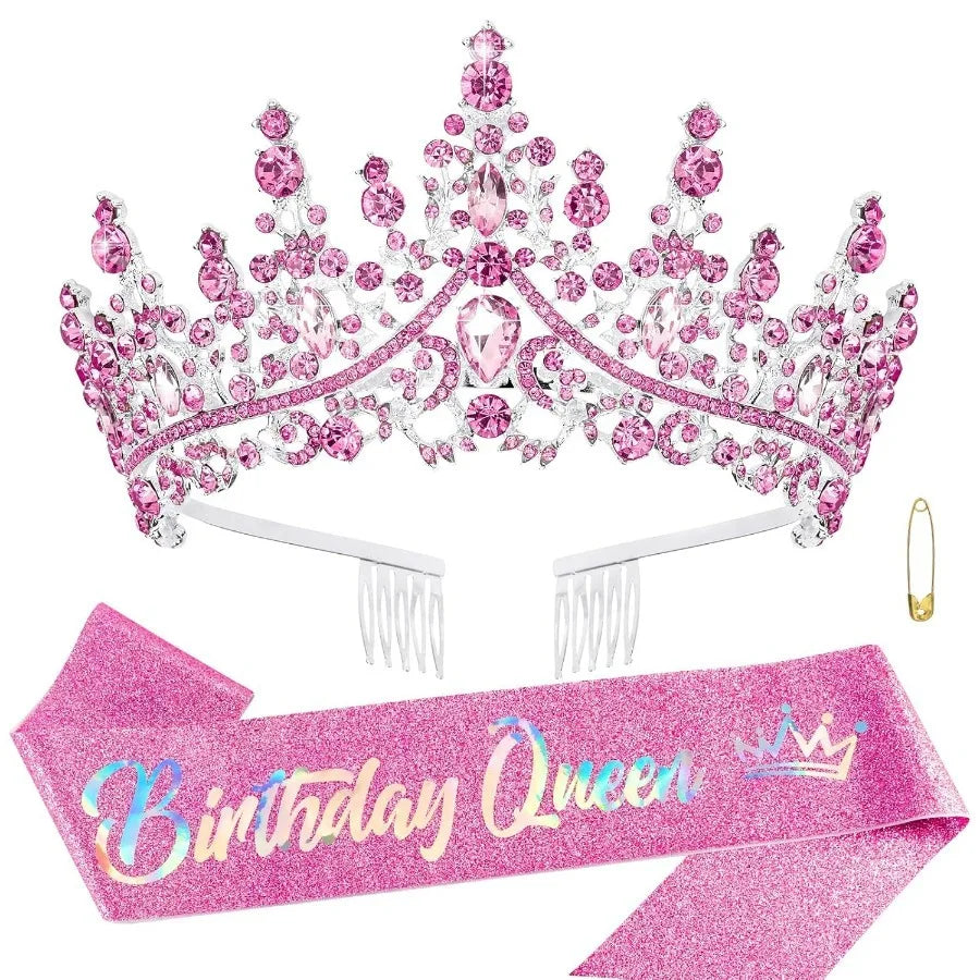 A pink rhinestone tiara crown and matching sash for a birthday queen celebration