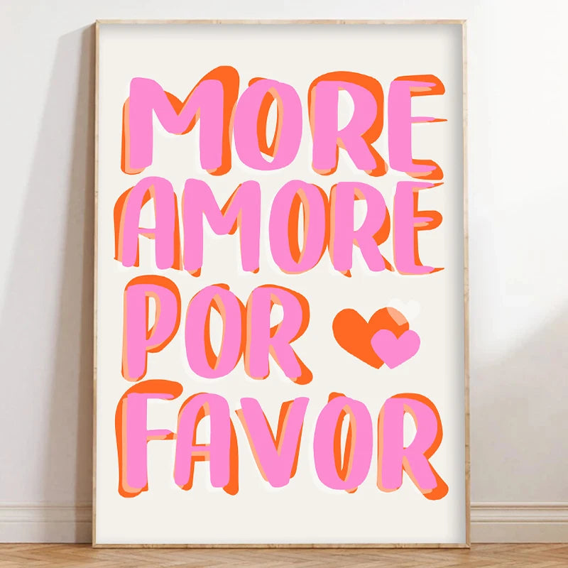 Pink script text on a white canvas reads MORE AMORE POR FAVOR in bright pink and orange colors.