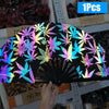 A black folding bamboo hand fan with a vibrant neon floral pattern displayed against a white background.