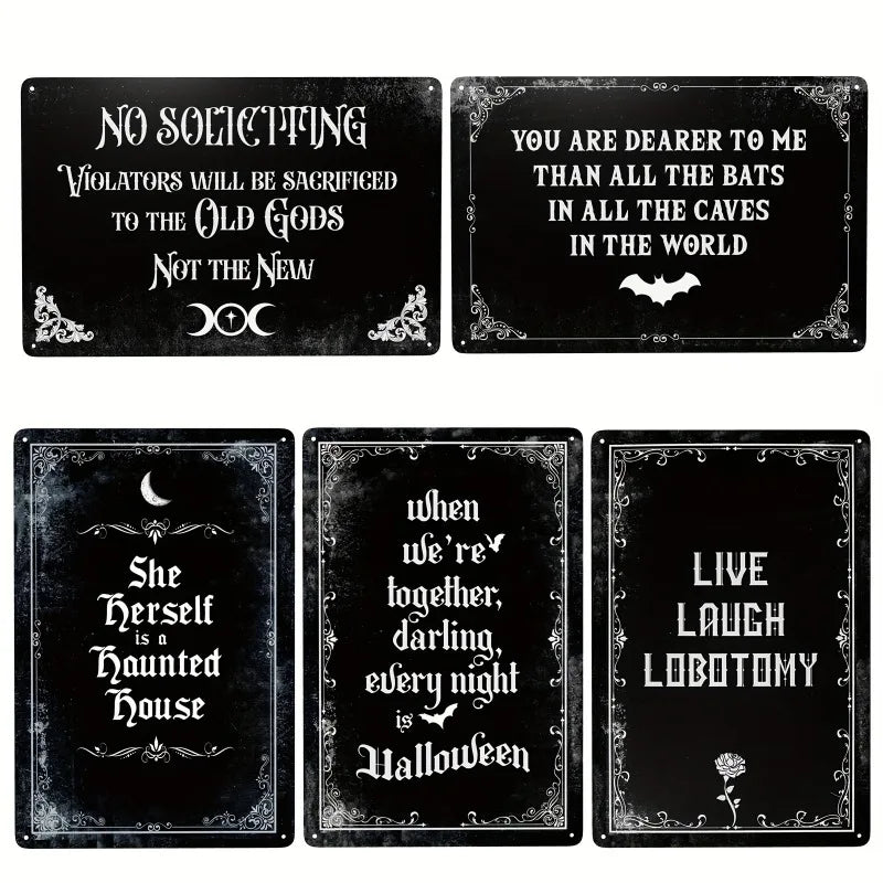 Three black metal tin signs featuring gothic and spooky Halloween themes for wall decor