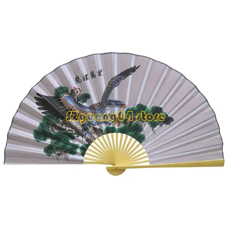 A large decorative Chinese theme wall fan featuring a dark bird design on a light gray background.