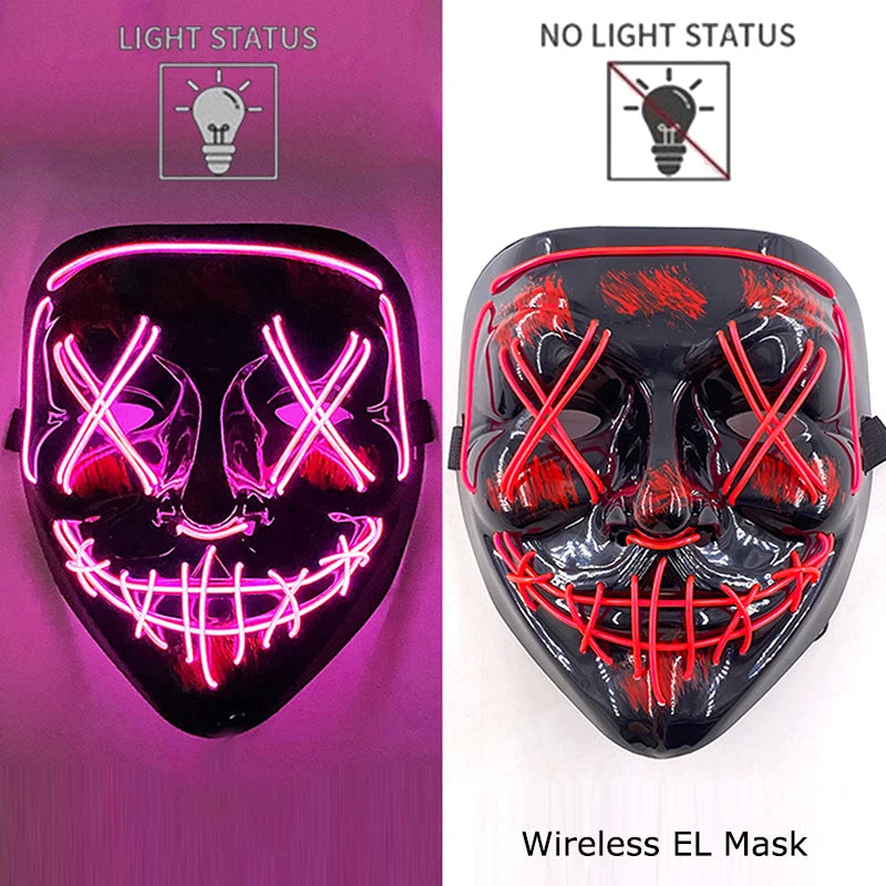 A close-up of a black EL mask with neon wire details, shown in both light and no light status.
