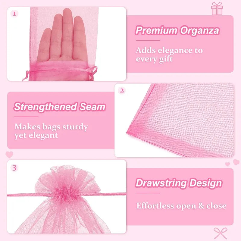 Pink organza drawstring gift bags showing elegant texture and design details