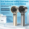 Two silver portable fans with interchangeable nozzles are displayed on a white surface.