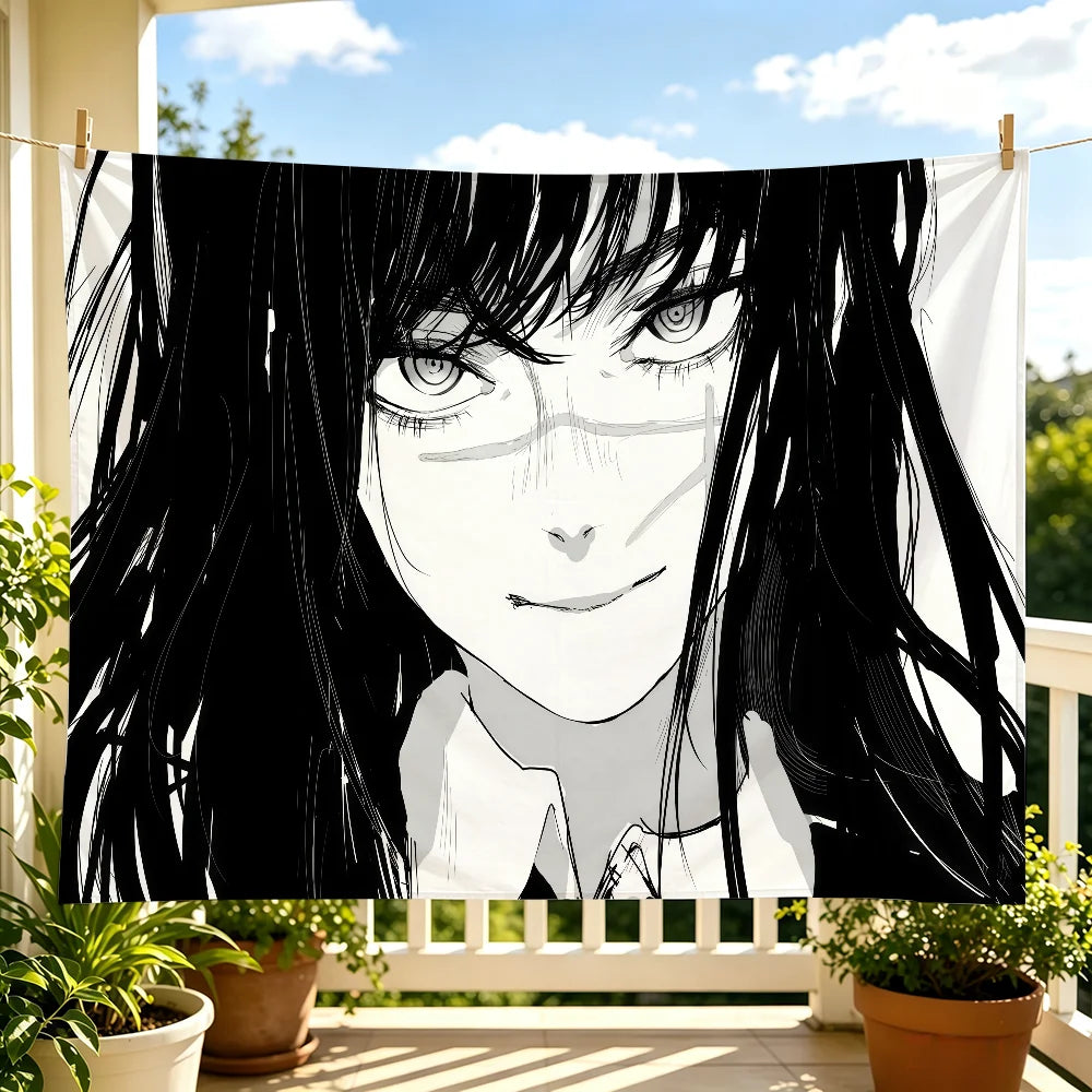 Anime tapestry wall hanging featuring a black and white illustration of Yoru from Chainsaw Man