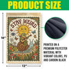 A vintage-style garden flag featuring a lizard and sun, printed on polyester material with vibrant colors and carbon black.
