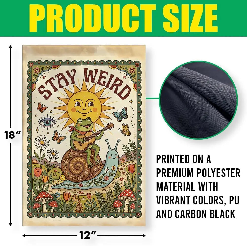 A vintage-style garden flag featuring a lizard and sun, printed on polyester material with vibrant colors and carbon black.