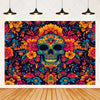 A vibrant Day of the Dead fiesta photo backdrop featuring a colorful floral skull design with deep jewel tones.